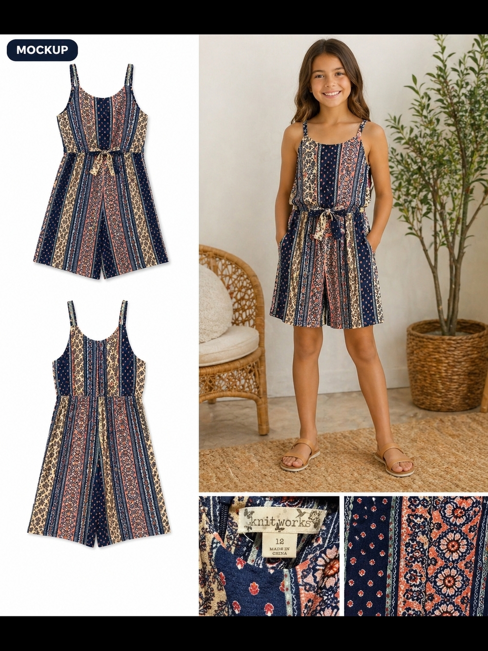 Knitworks Navy, Peach & Cream Striped Girls Romper